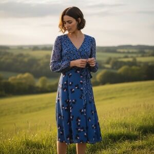 BODEN Eden Faux Wrap Maxi Belted Dress Pink Blue Floral Butterfly Print Size 10L